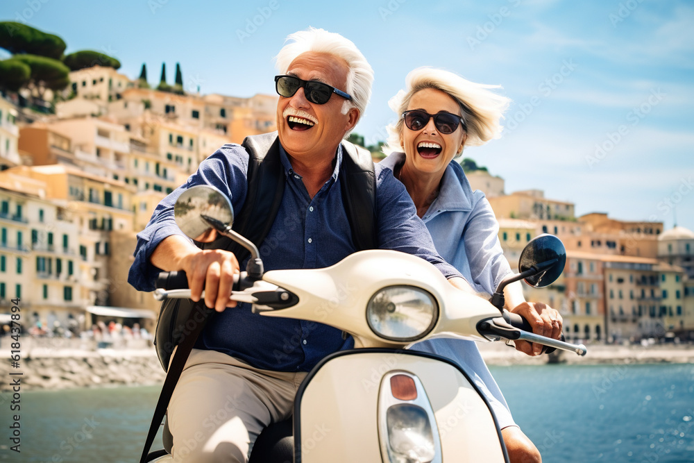 Retired couple on scooter in Italy, Europe, happy seniors on holidays. Generative AI