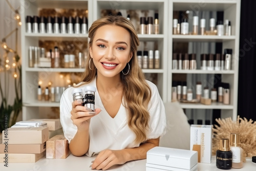 Positive female beauty blogger filming review of new cosmetics. Generative AI