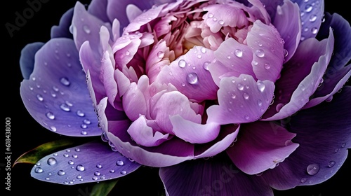 Purple Peony flowers with water drops background. Closeup of blossom with glistening droplets. Generative AI