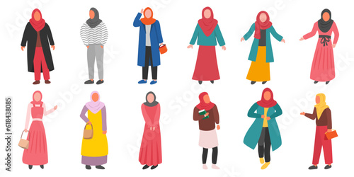 Set of arabic woman in hijab vector flat illustration