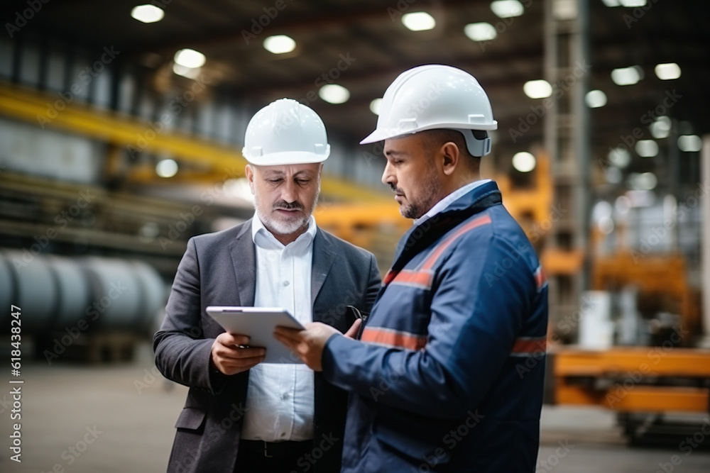 Two engineer look projects and planning with tablet. Generative AI Two engineer look projects and planning with tablet. Generative AI