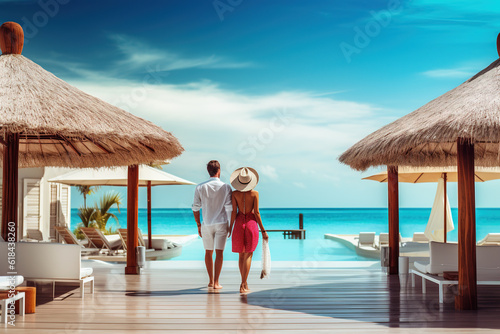 Vacation, couple on the beach near swimming pool, luxury travel. Generative AI