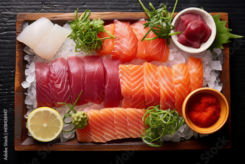 Close-up top view of ingredients Sashimi SET, Salmon, Tuna, Japanese food. AI Generated.