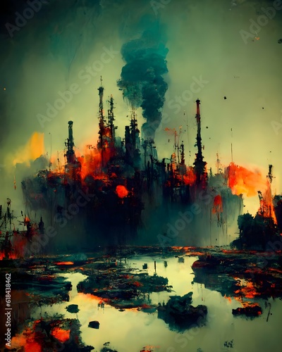 landscape with bubbling oil pits oil painting smear thick strokes abstract dark glowing octane render 