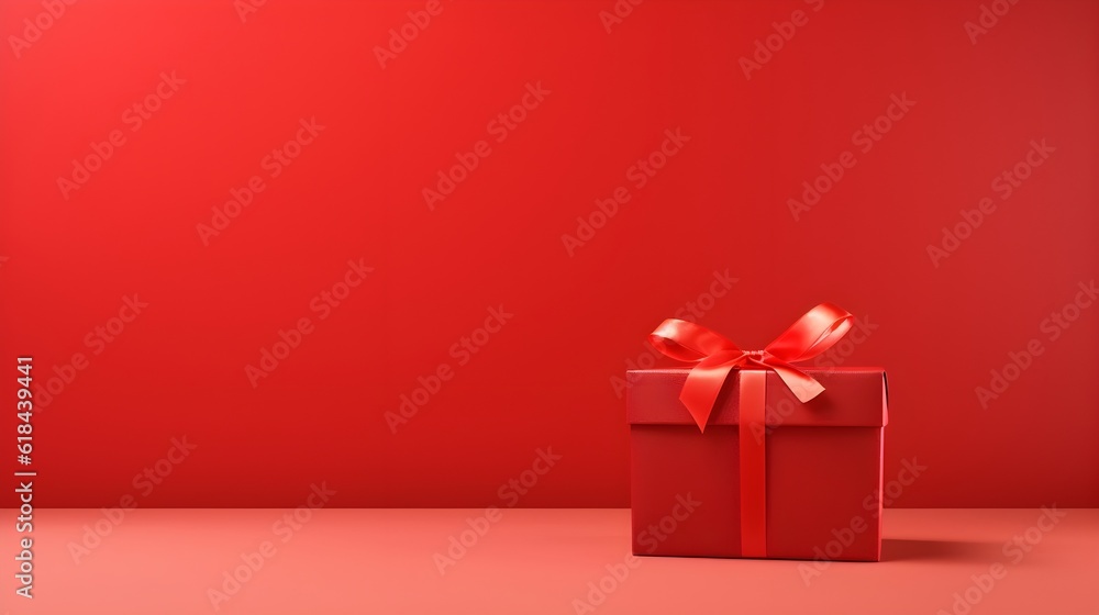 gift box minimal red background. Copy space. Generative AI. gift box minimal red background. Copy space. Generative AI.