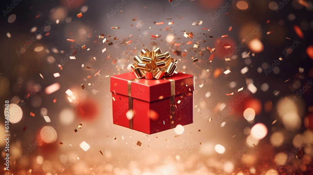 gift box with golden confetti. Abstract luxury red background. Generative AI. gift box with golden confetti. Abstract luxury red background. Generative AI.