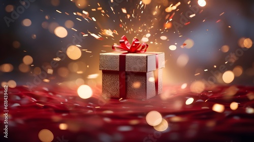 gift box with golden confetti. Abstract luxury red background. Generative AI. © Premium_art