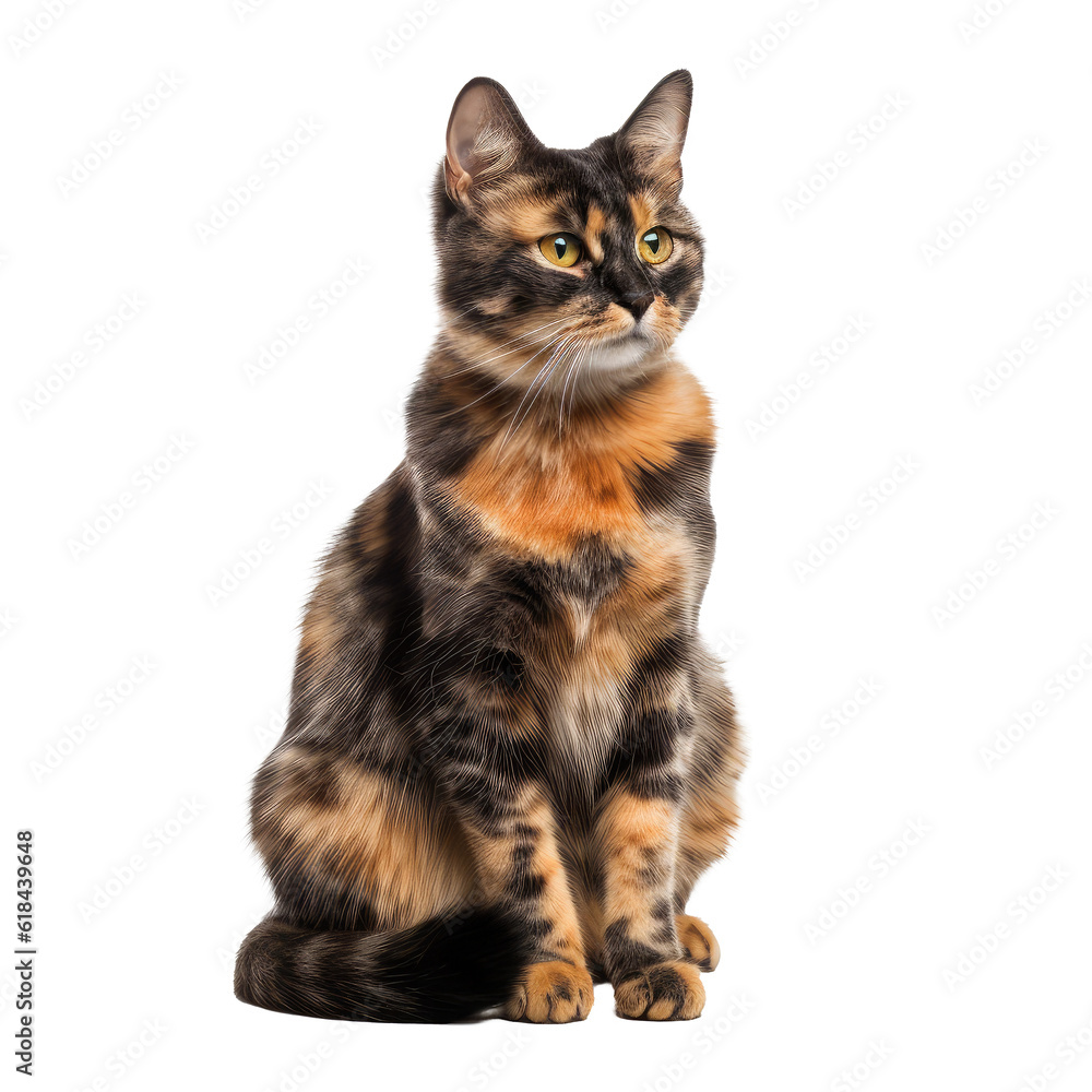 tortie cat looking isolated on white