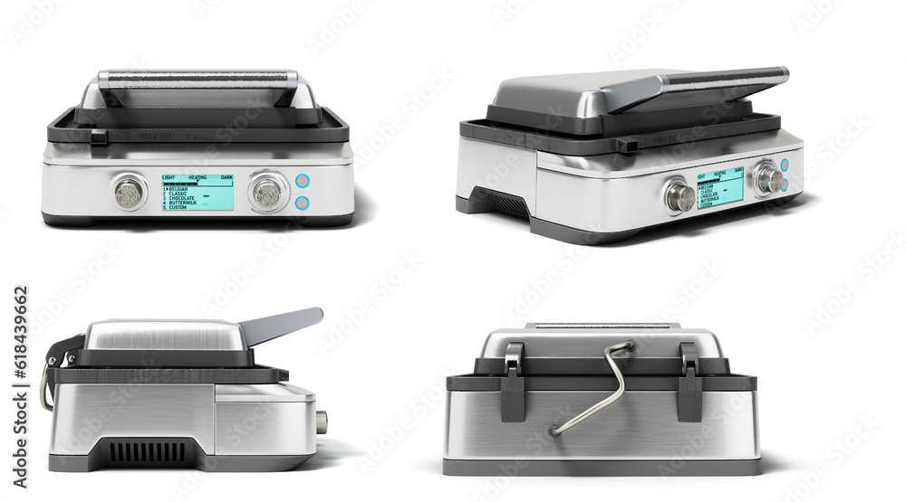 Set of new closed metal waffle makers 3d render on white Set of new closed metal waffle makers 3d render on white