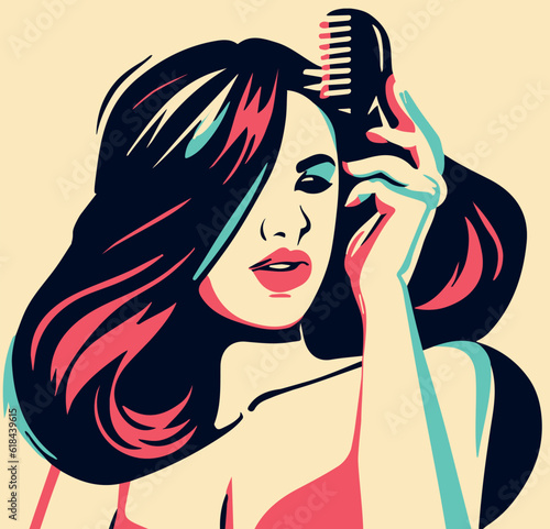 Vector of a young woman brushing her hair with a detangling brush