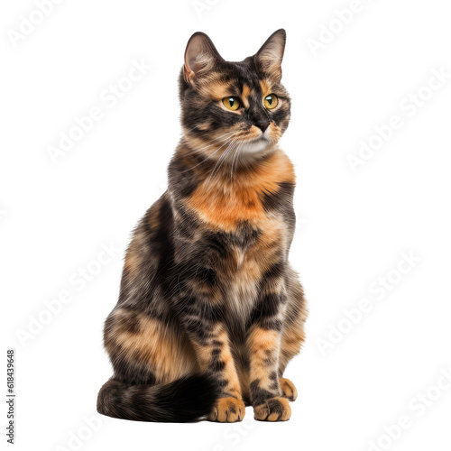 tortie cat looking isolated on white