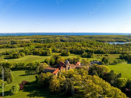 Aerial view over a large seminary and retreat on Long Island  New York on a sunny day