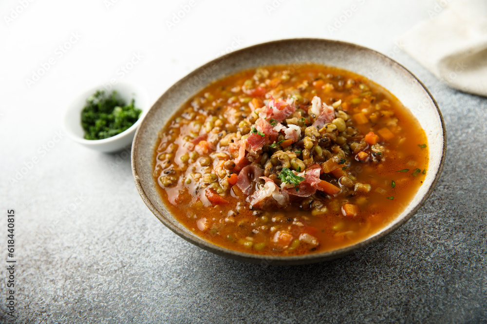 Homemade lentil soup with smoked bacon Homemade lentil soup with smoked bacon