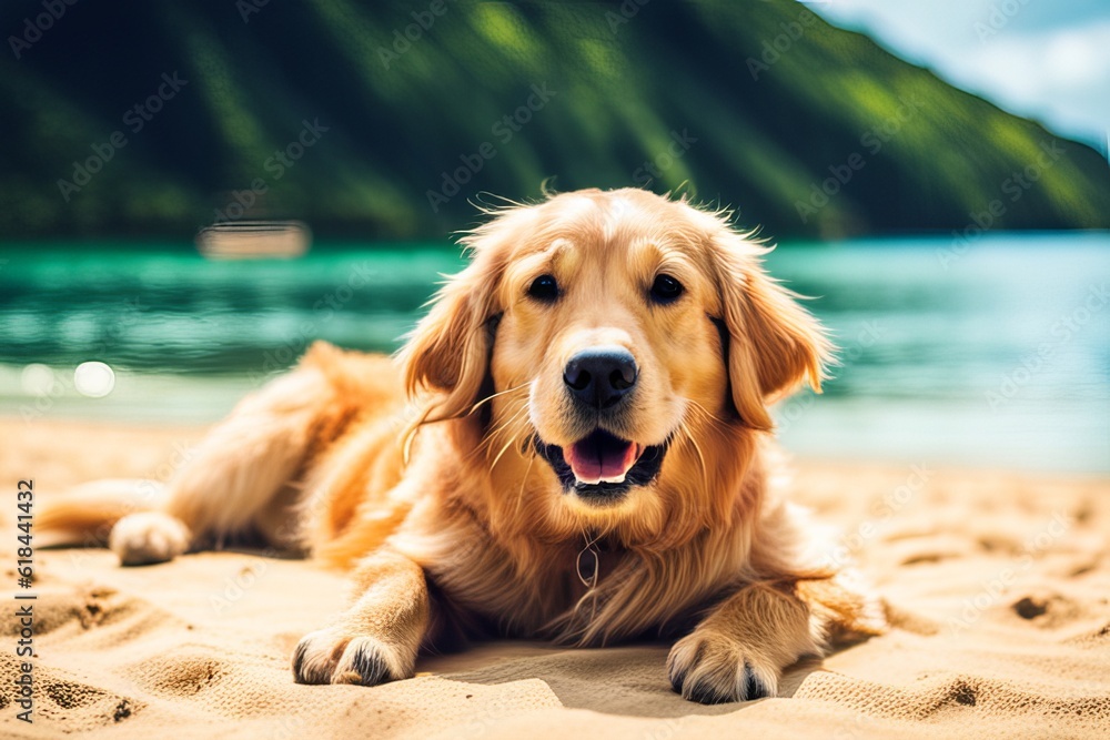 Labrador retriever dog lying down on beach bed on a tropical summer beach.