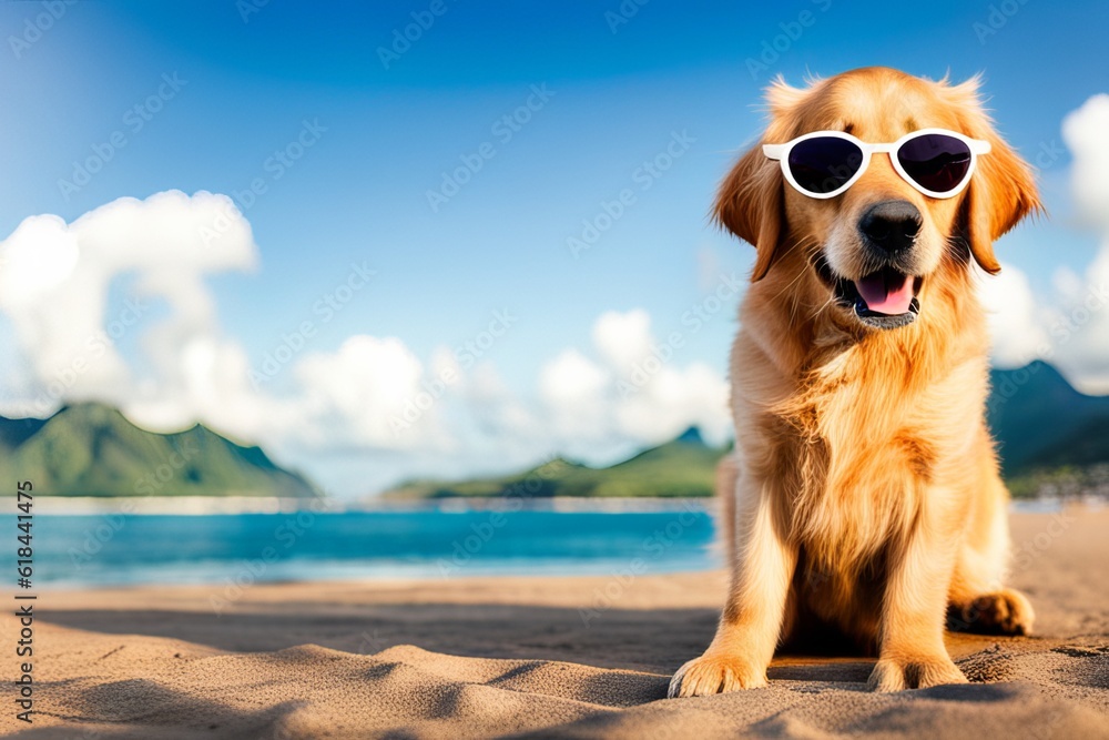 Golden Retriever dog is on summer vacation at seaside resort and rests relaxing