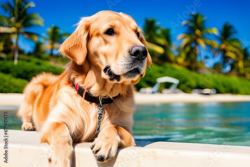 Labrador retriever dog lying down on beach bed on a tropical summer beach.