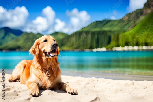 Happy Golden retriever puppy on sand beach Concept for summer adventures. © Екатерина Переславце