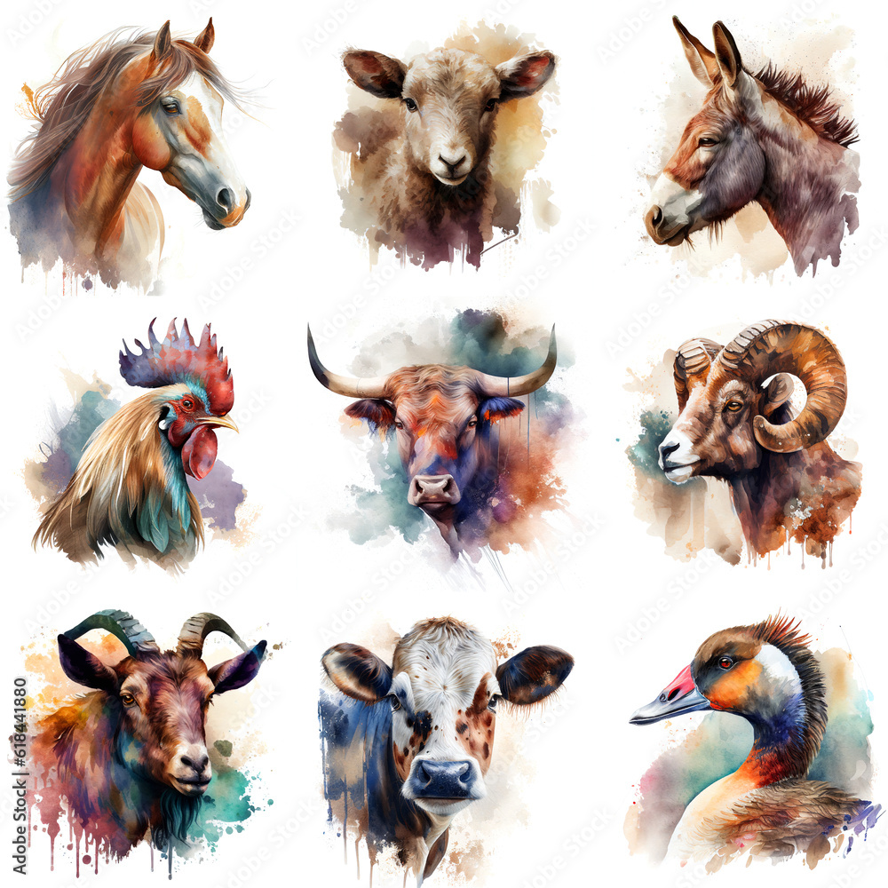 Farm animal set painted with watercolors on a white background in a realistic manner, multicolored and iridescent.