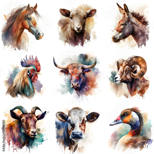 Farm animal set painted with watercolors on a white background in a realistic manner, multicolored and iridescent. © Mari Dein