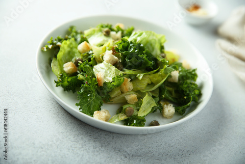 Healthy leaf salad with bread croutons