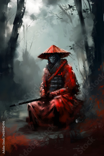 red samurai warrior soldier masked waiting sit with sword katana in forest full body digital brush painting portrait created with Generative AI technology