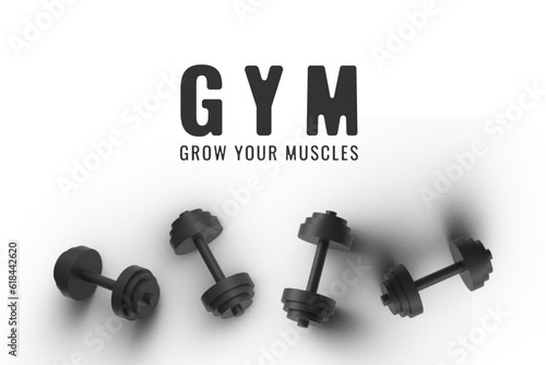 Banner with barbells dumbbells fitness realistic three-dimensional composition on pink background, crossfit logo