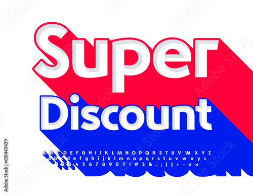 Vector colorful promo Super Discount. Bright 3D Font with Big Blue Shadow. Trendy Alphabet letters and Numbers set