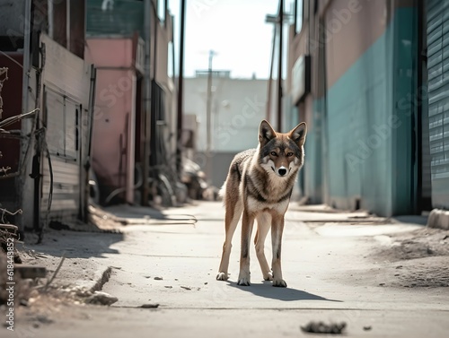 AI generated illustration of a large grey cayote in the city, surrounded by towering buildings photo