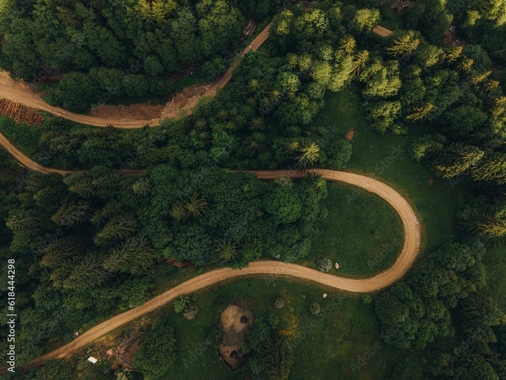 Aerial shot of a winding road through a lush green forest. Aerial shot of a winding road through a lush green forest.