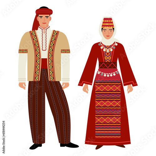 girl and young man in an Armenian folk costume isolated on a white background. couple of young people in the national traditional clothes of Armenia. flat drawing in cartoon style. stock vector EPS 10