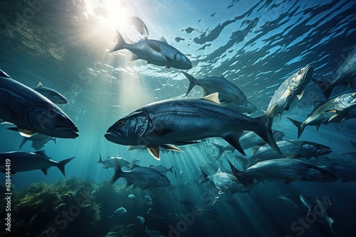 School Of Fish in blue ocean. Generative AI © Simone