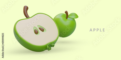 Green ripe apple whole and half. Detailed realistic image, fruit with seed, stem, leaf. Fresh natural product. Color concept with place for logo, sign, text