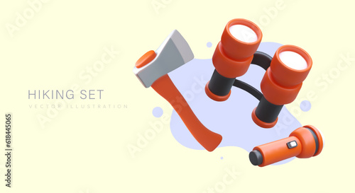 Hiker set. Red 3D binoculars, ax, flashlight. Poster on colored background with blots and text. Concept for tourist equipment store. List of things to take on hiking trip