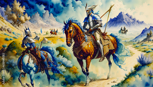 Rider on horseback with a saber. Cavalry. Watercolor. Generative AI. © 4K_Heaven