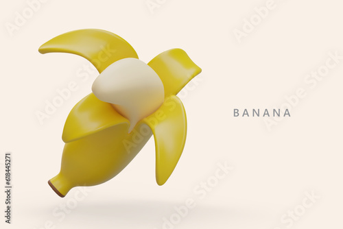 Ripe banana in cartoon style. Color 3D illustration. Time for snack. Sweet natural dessert with creamy texture. Vector poster for products with banana flavor, aroma