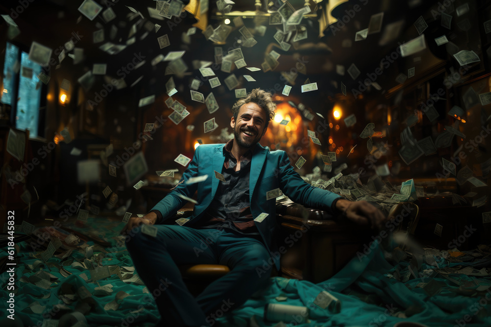Millionaire's Success. Businessman Making Money Rain While Seated. AI Generative Millionaire's Success. Businessman Making Money Rain While Seated. AI Generative