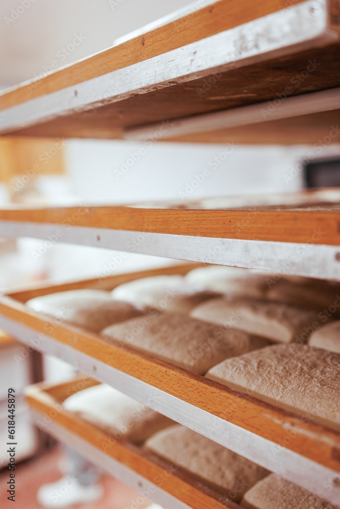Closeup of a shelf of kneaded dough