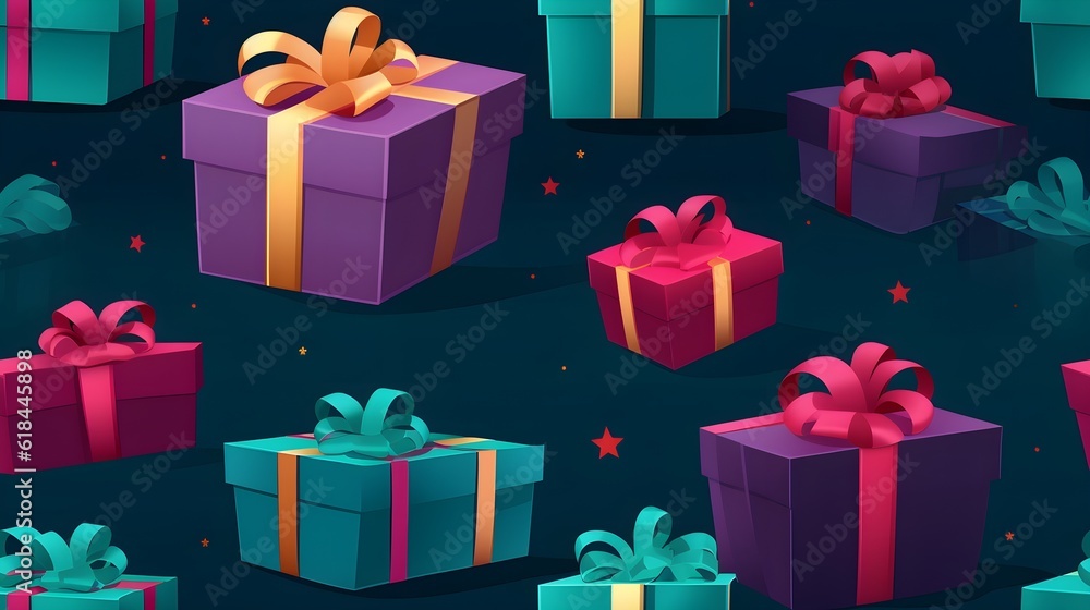 Fototapeta premium gift boxes, presents, cartoon style illustration. Seamless pattern. Generative AI.
