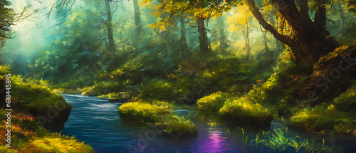 Paintinf of forest with a river. Generative AI. © 4K_Heaven