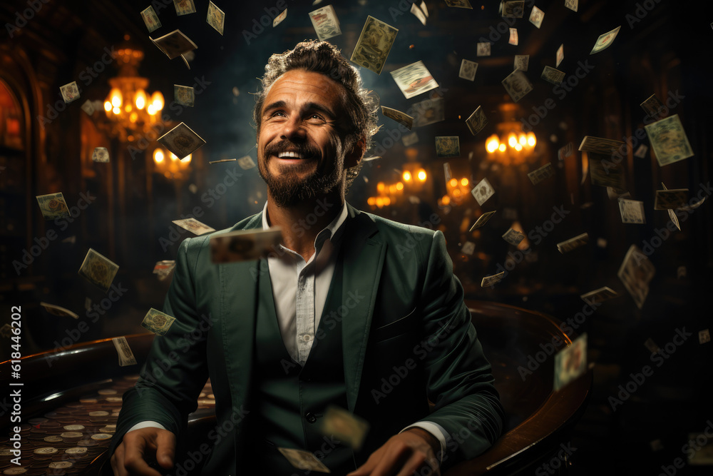 Millionaire's Success. Businessman Making Money Rain While Seated. AI Generative Millionaire's Success. Businessman Making Money Rain While Seated. AI Generative