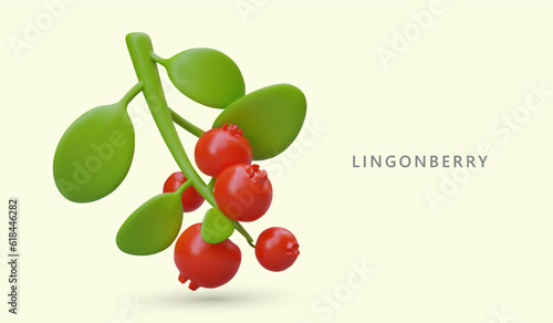 Ripe lingonberries on green branch. Juicy red berries. Vegan product. Bright mountain cranberry. Advertising banner for eco markets, online stores of vitamin super food