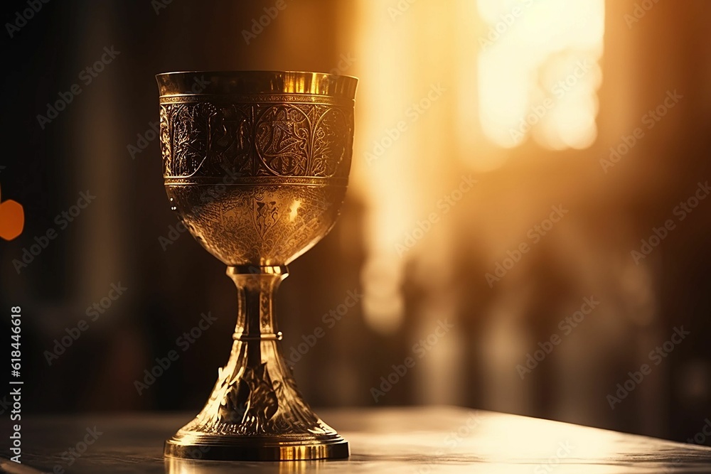 Luxurious golden chalice sits atop a wooden table against a blurry background. AI-generated.