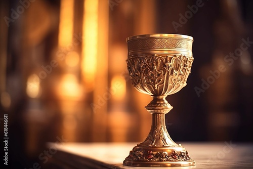 Luxurious golden chalice sits atop a wooden table against a blurry background. AI-generated.