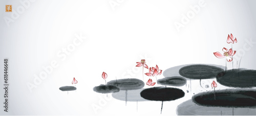 Pink lotus flowers in a pond on white background. Traditional oriental ink painting sumi-e, u-sin, go-hua. Translation of hieroglyph - flower