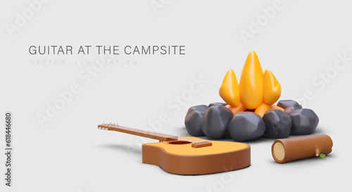 Camping with guitar. Fun leisure time outside, romance of tourism. Songs on march. Leisure for family, friends, couple. Poster with realistic illustration