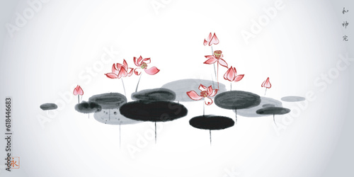 Pink lotus flowers in a pond on white background. Traditional oriental ink painting sumi-e, u-sin, go-hua. Translation of hieroglyрhs - harmony, spirit, perfection, eternity
