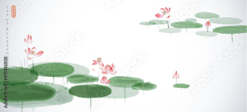 Pink lotus flowers in a serene pond on white background. Traditional oriental ink painting sumi-e, u-sin, go-hua.