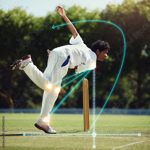 Cricket bowling, man and field on grass with overlay, science and mechanics for speed, sport and technique for contest. Indian guy, mathematics or vision for holographic analytics for balance in game