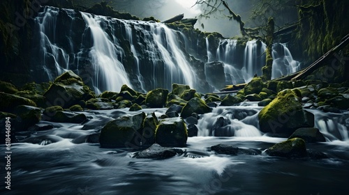 Long exposure photography of a waterfall  creating a silky-smooth flow of water.  Generative AI 