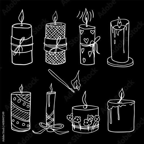 Hand drawn set of cute candles in doodle style. Festive hand-drawn collection candlelight with wick and wax. Isolated on black